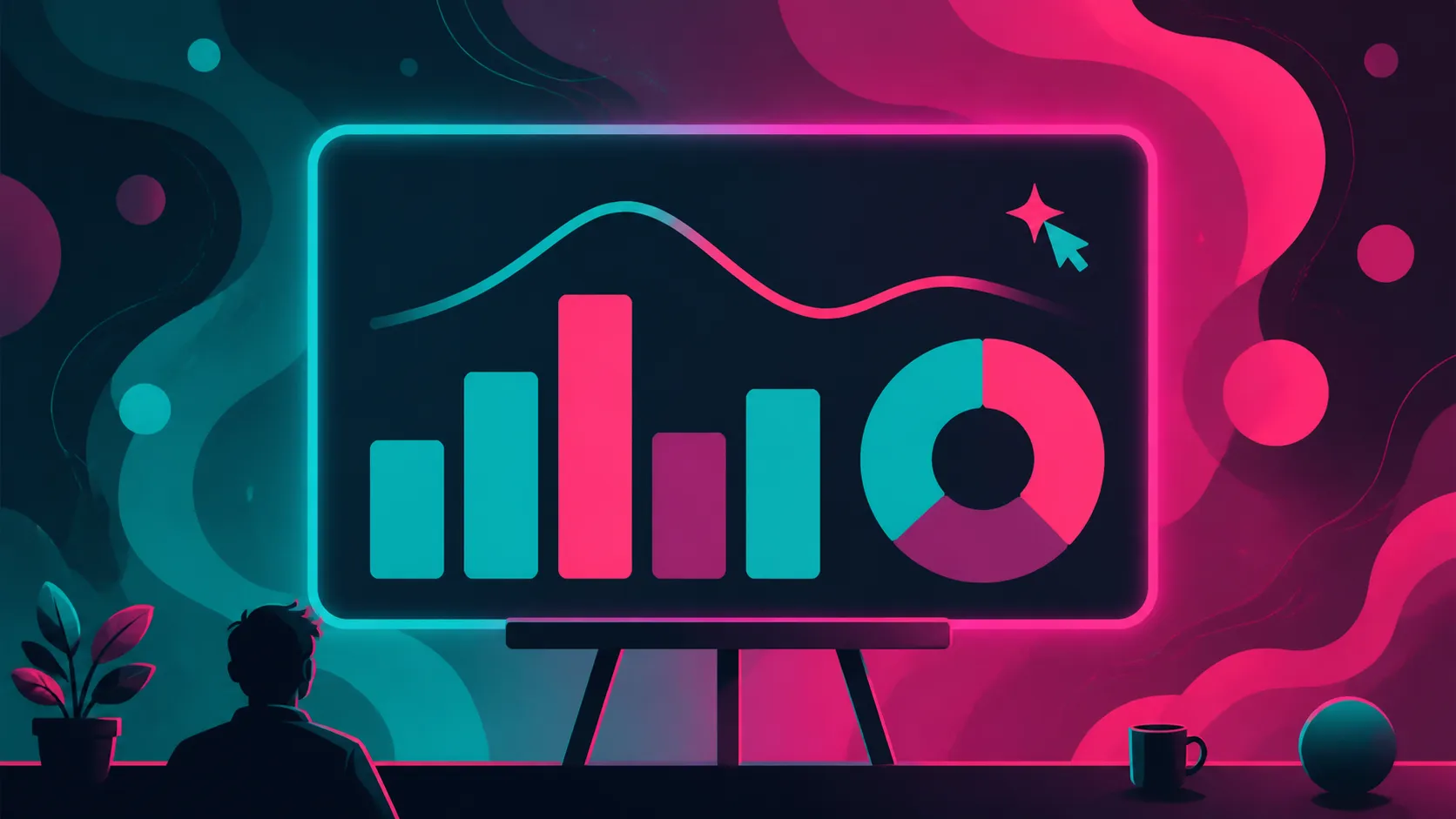 Person silhouette viewing a neon-colored digital presentation with bar and pie charts.