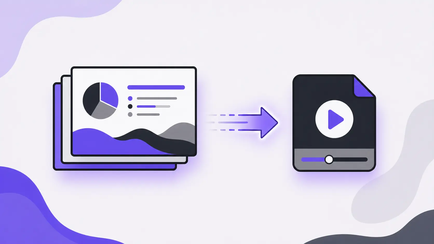Illustration of data charts transforming into a video file icon with a purple arrow.