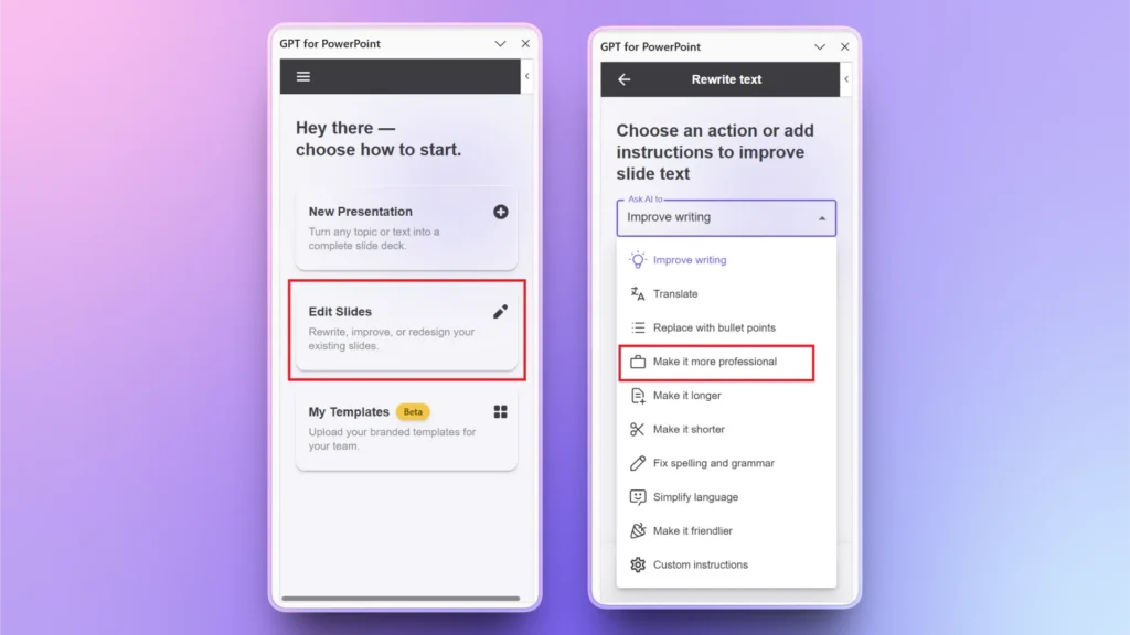 Two mobile screens displaying GPT for PowerPoint interface with options to edit slides and improve slide text.