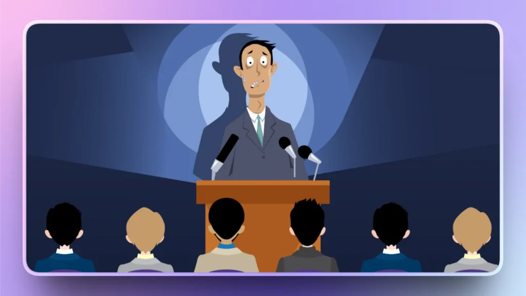 Illustration of a nervous man sweating at a podium speaking to an audience under a spotlight.