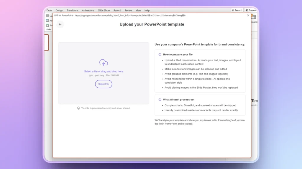 Screenshot of a web interface for uploading a PowerPoint template with instructions on file preparation and AI processing limitations.