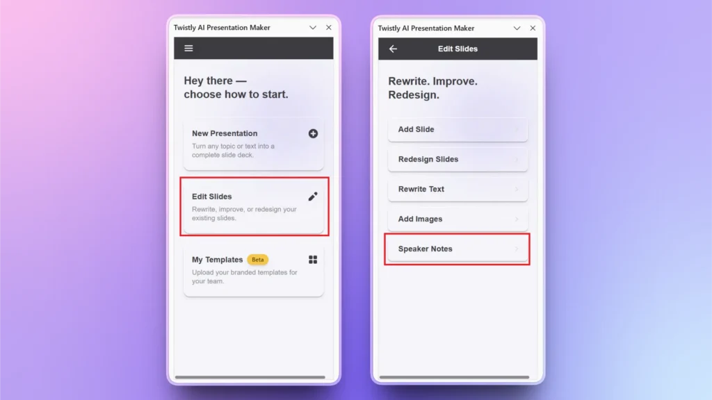 Two smartphone screens displaying the Twistly AI Presentation Maker app interface with options for editing and adding slides.