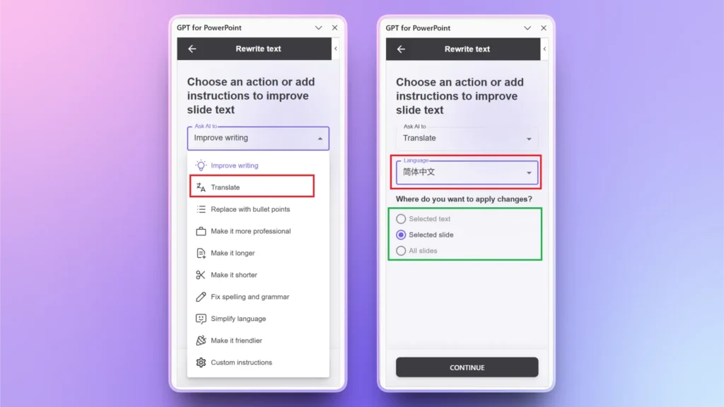 Two smartphone screens display the "GPT for PowerPoint" interface with "Rewrite text" options, highlighting translation selection and language choice in Simplified Chinese.