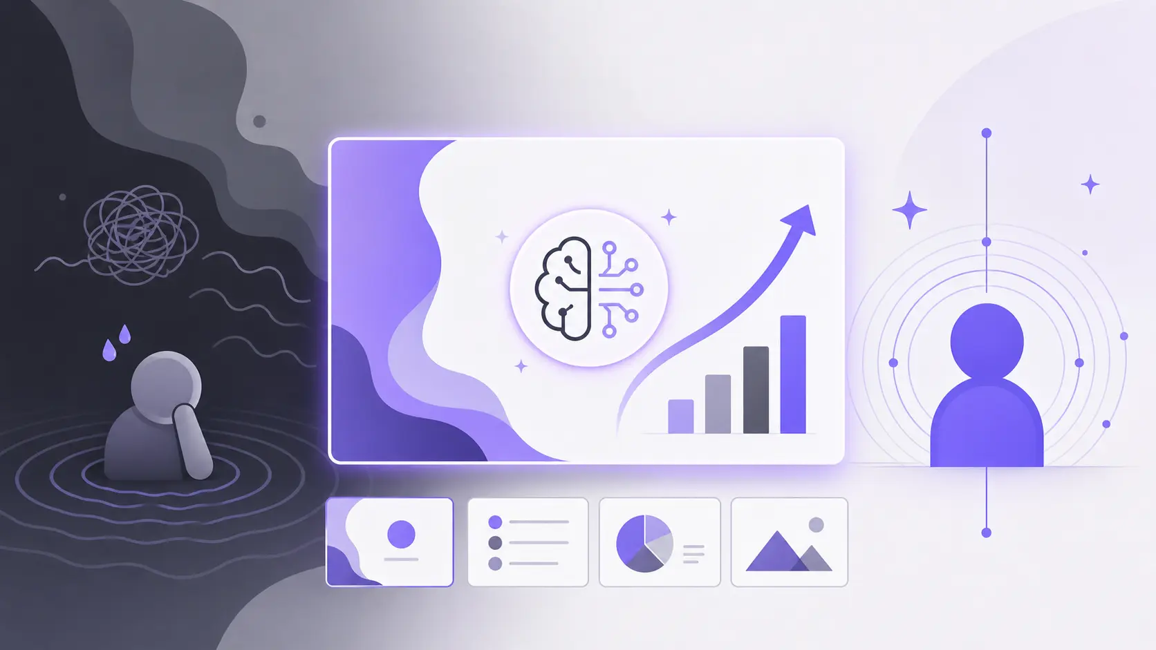 Illustration contrasting stressed figure in dark tones with calm figure and rising data chart in purple and white.