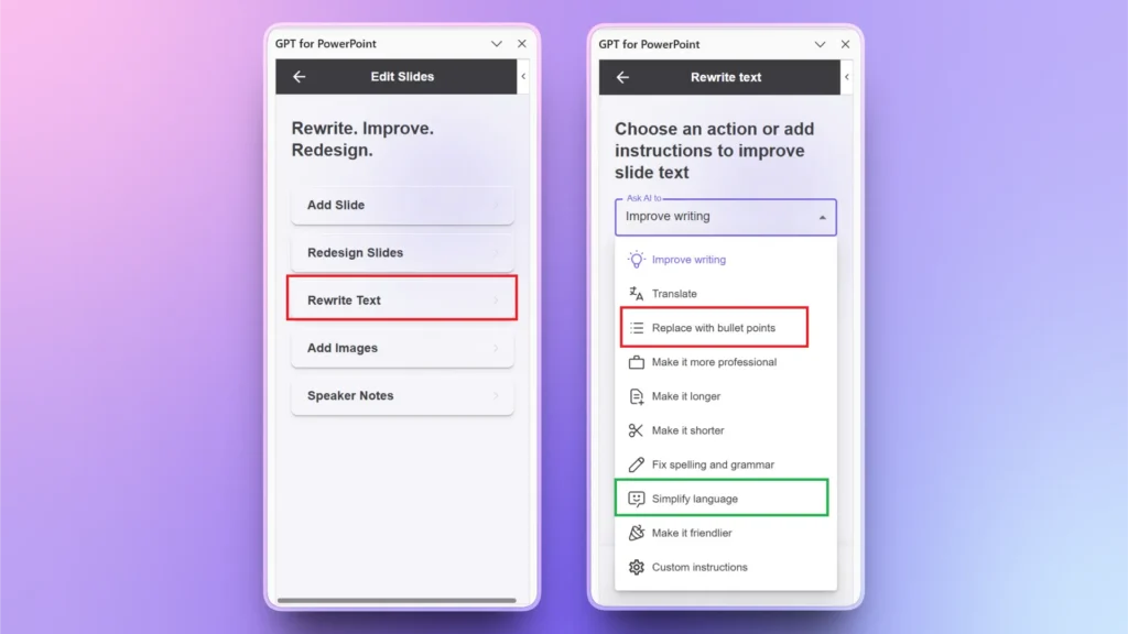 Screenshots of GPT for PowerPoint interface showing text editing options with highlighted "Rewrite Text" and "Replace with bullet points.