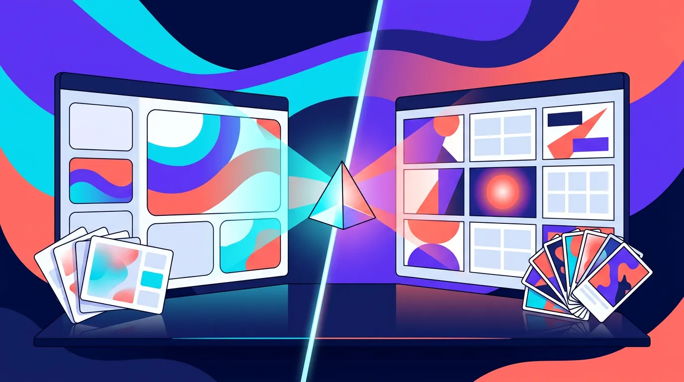 Illustration of two digital screens displaying colorful abstract designs, connected by a glowing prism.