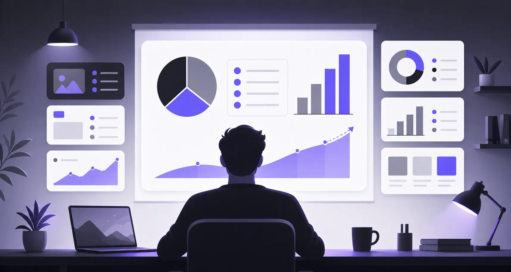 Person analyzing multiple digital charts and graphs on a large screen in a dimly lit office.