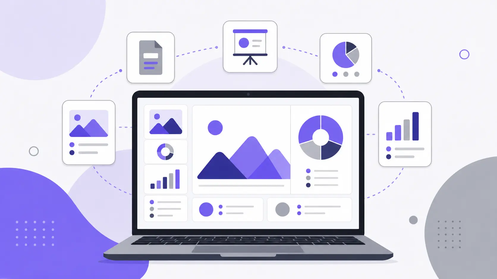 Laptop displaying data charts and images with interconnected icons in purple and gray tones.
