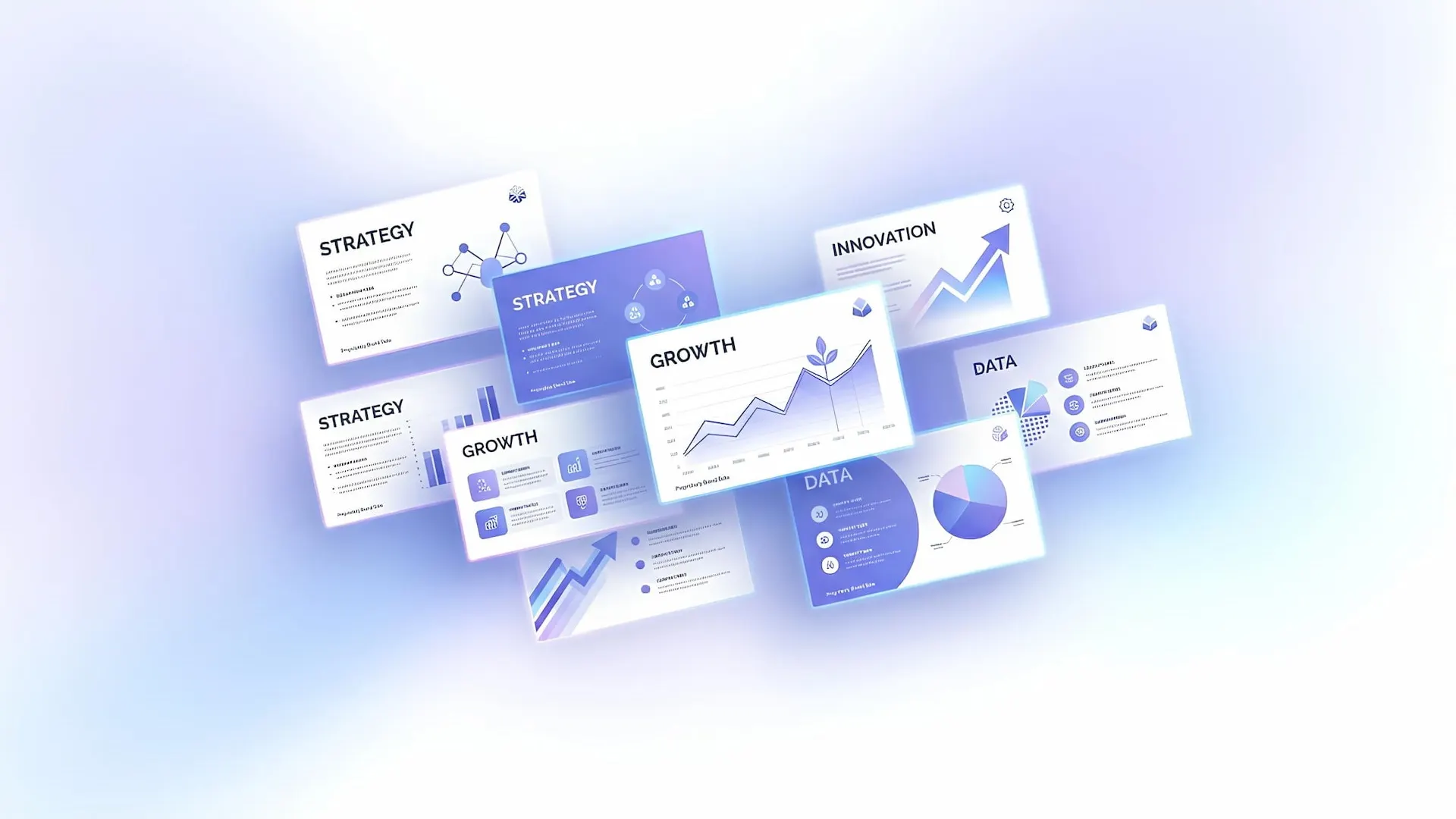Collection of floating business presentation slides with themes of strategy, growth, innovation, and data.