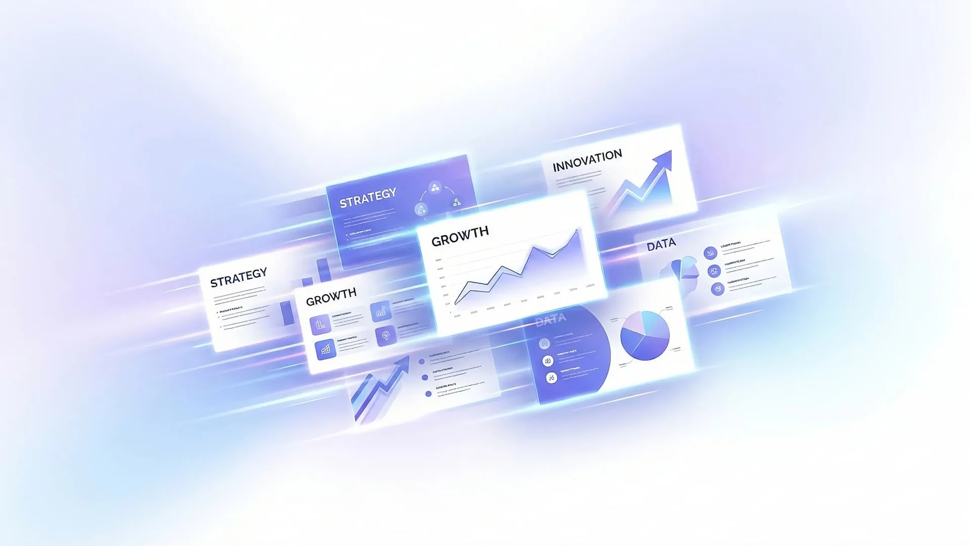 Digital interface displaying floating business charts and graphs with keywords strategy, growth, innovation, and data.
