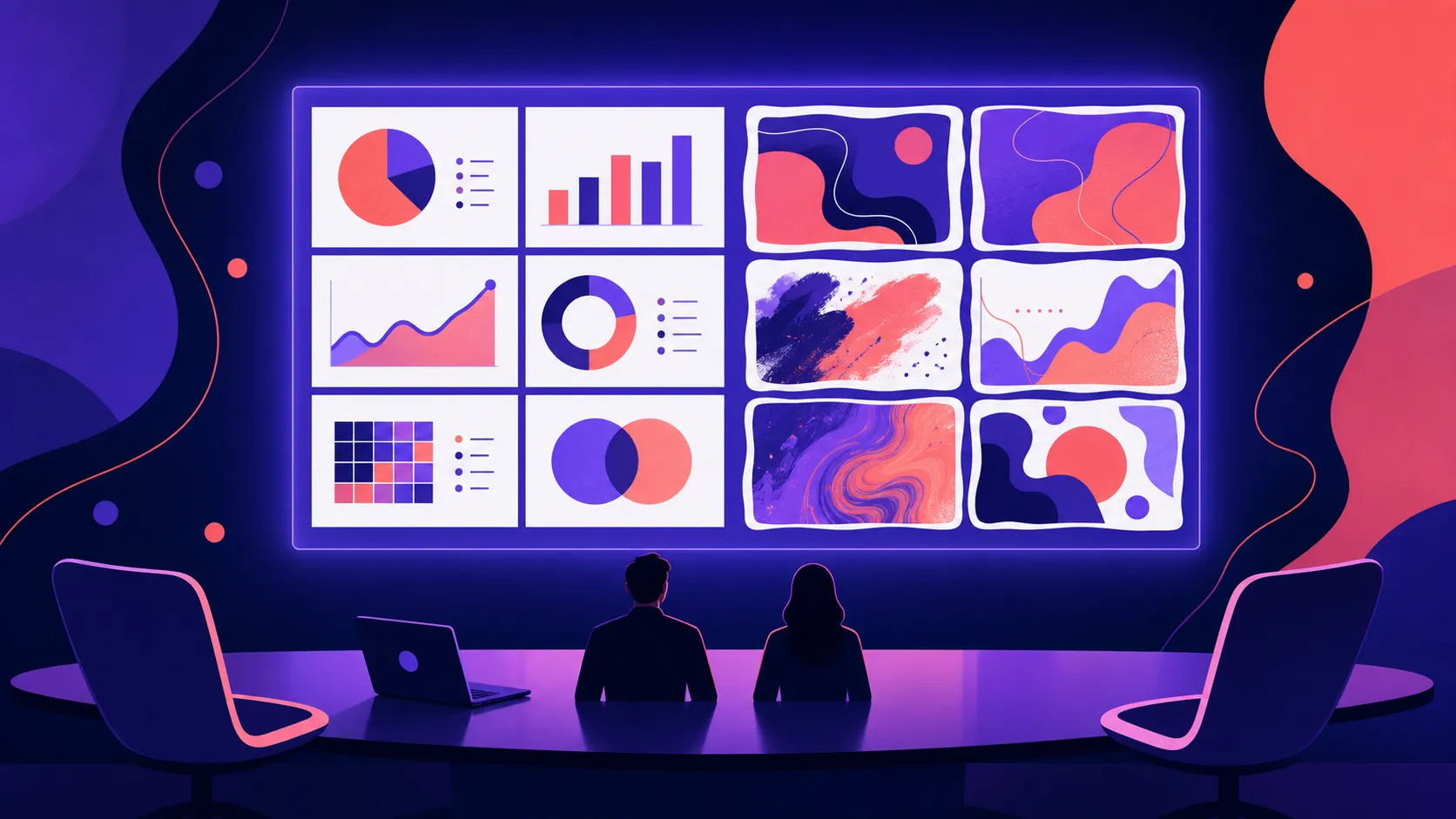 Two individuals seated at a conference table viewing a large screen displaying colorful data charts and abstract graphics.