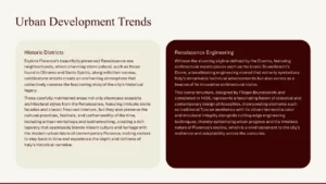Slide titled "Urban Development Trends" with two text boxes: one beige for "Historic Districts" and one dark brown for "Renaissance Engineering.