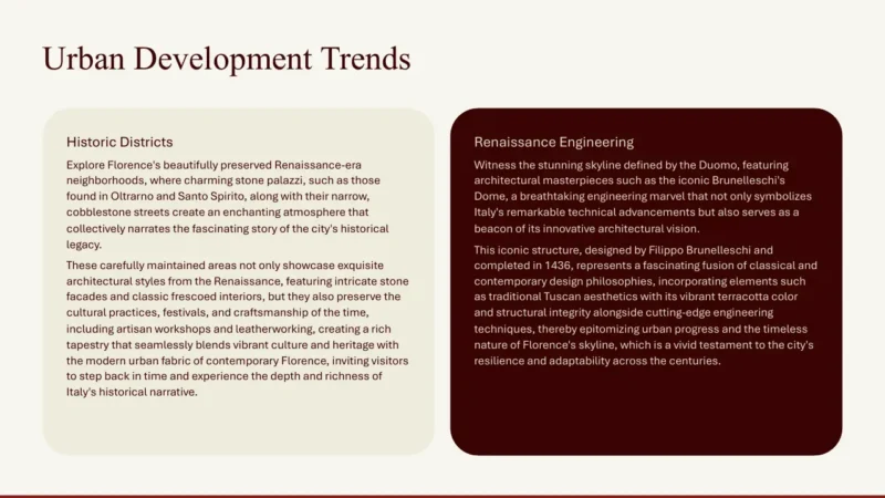 2text-box-v1 Slide titled "Urban Development Trends" with two text boxes: one beige for "Historic Districts" and one dark brown for "Renaissance Engineering.