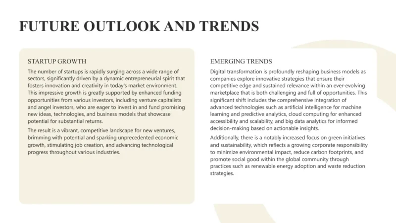2text-box-v1-tashkent Text slide titled "Future Outlook and Trends" with sections on startup growth and emerging trends discussing entrepreneurship, funding, digital transformation, AI, sustainability, and green initiatives.