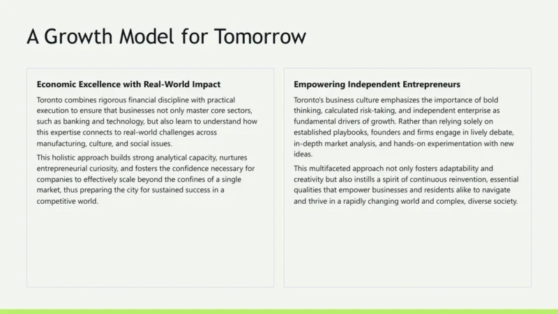2text-box-v1-toronto Slide titled "A Growth Model for Tomorrow" with two text boxes discussing economic excellence and empowering independent entrepreneurs.