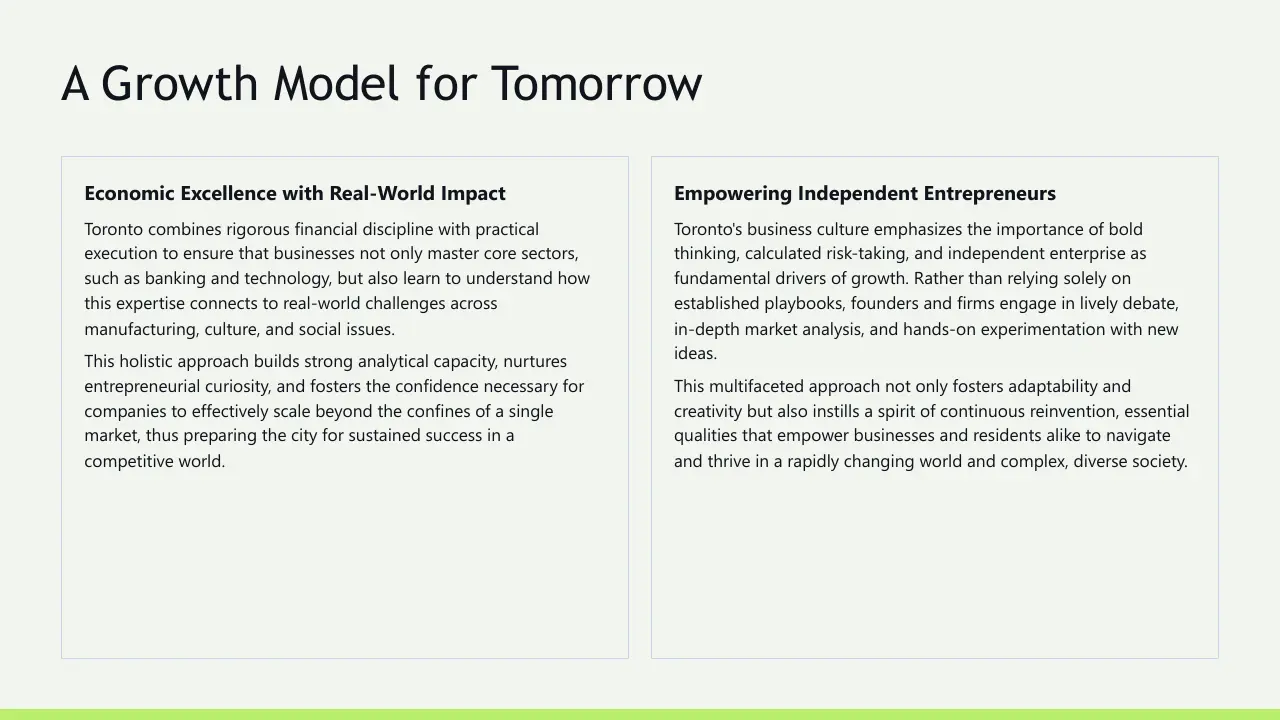 Slide titled "A Growth Model for Tomorrow" with two text boxes discussing economic excellence and empowering independent entrepreneurs.