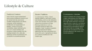 Text blocks titled Traditional Customs, Student Traditions, and Contemporary Lifestyles in beige and dark green boxes.