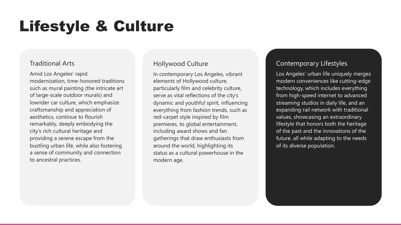 Text slide titled "Lifestyle & Culture" with three sections: Traditional Arts, Hollywood Culture, and Contemporary Lifestyles, on light gray and black backgrounds.