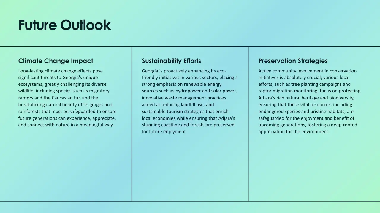 Text slide titled "Future Outlook" with sections on Climate Change Impact, Sustainability Efforts, and Preservation Strategies on a blue-green gradient background.
