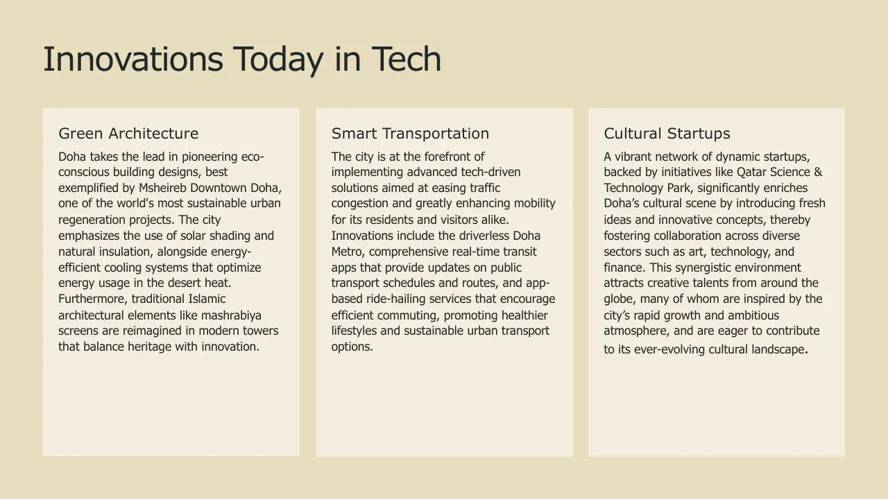 Text slide titled "Innovations Today in Tech" with three sections: Green Architecture, Smart Transportation, and Cultural Startups, on a beige background.