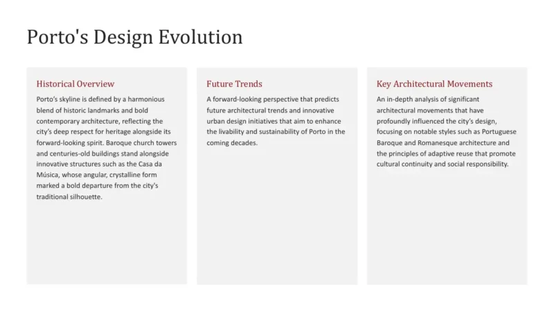 3text-box-v1-porto Text-based infographic titled "Porto's Design Evolution" with three sections: Historical Overview, Future Trends, and Key Architectural Movements.