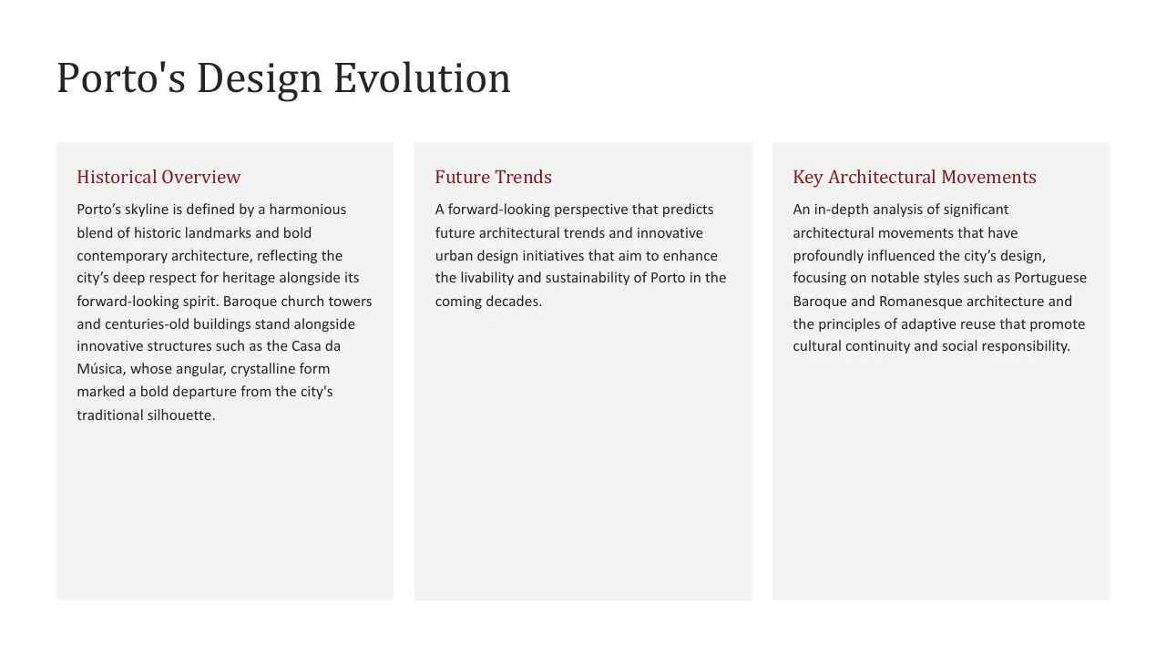 Text-based infographic titled "Porto's Design Evolution" with three sections: Historical Overview, Future Trends, and Key Architectural Movements.