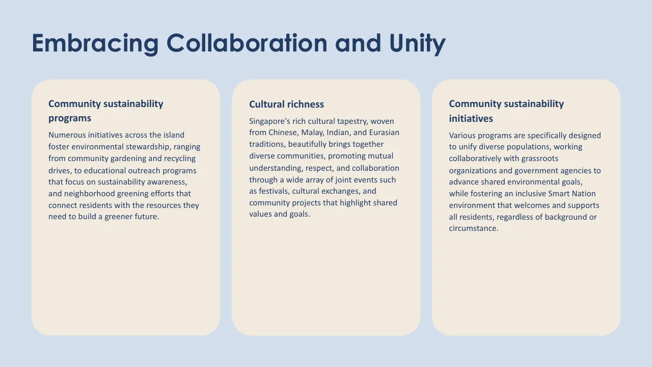 Text slide titled "Embracing Collaboration and Unity" with three beige text boxes on a light blue background.