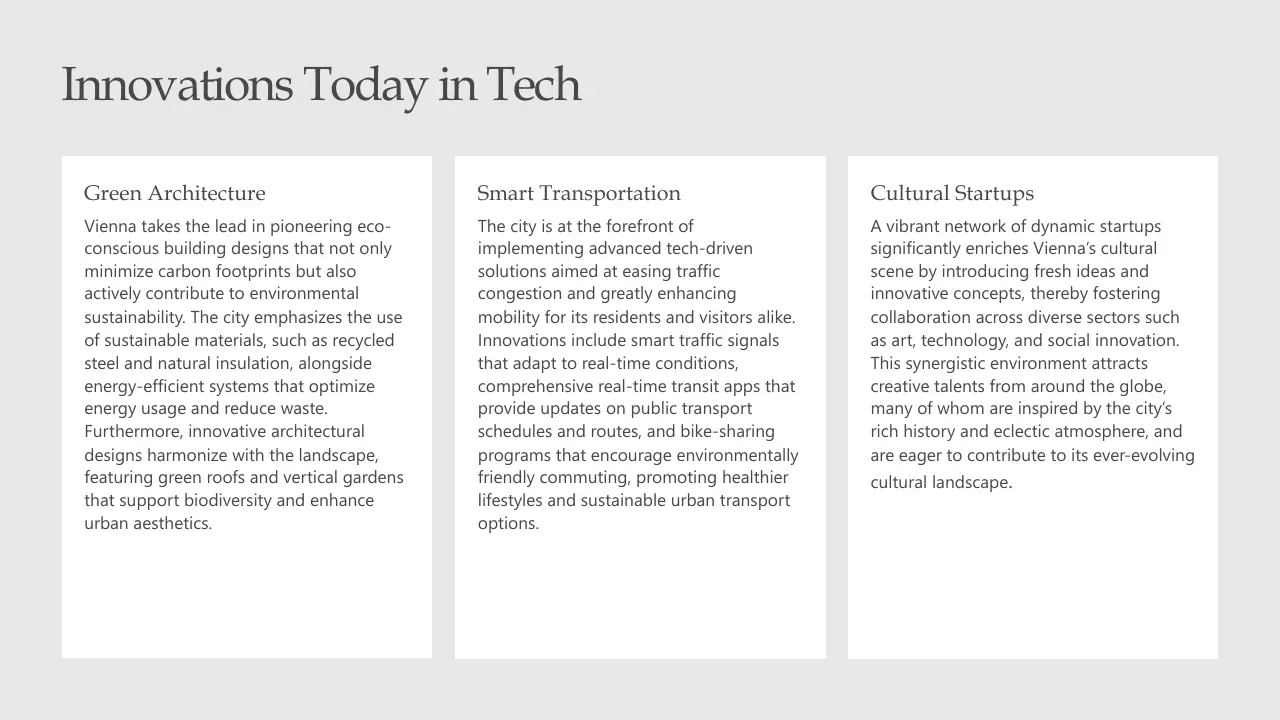 Text-based infographic titled "Innovations Today in Tech" with sections on Green Architecture, Smart Transportation, and Cultural Startups.