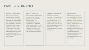 Slide titled "Park Governance" with four text boxes describing regional coordination, land donation, tax foreclosure parcels, and infrastructure.
