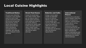 Text slide titled "Local Cuisine Highlights" with four dark gray text boxes describing traditional dishes, street food scene, bakeries and cafés, and international flavors in Berlin.