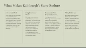 Text-based infographic titled "What Makes Edinburgh's Story Endure" with four sections describing the city's foundation, streets, heritage preservation, and adaptability.
