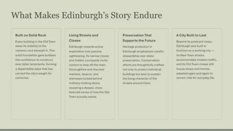 4text-box-v1-edinburgh Text-based infographic titled "What Makes Edinburgh's Story Endure" with four sections describing the city's foundation, streets, heritage preservation, and adaptability.