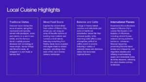 Text slide titled "Local Cuisine Highlights" with four sections describing traditional dishes, street food, bakeries and cafés, and international flavors on a blue background.