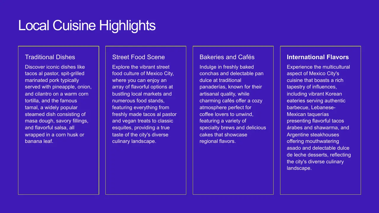 Text slide titled "Local Cuisine Highlights" with four sections describing traditional dishes, street food, bakeries and cafés, and international flavors on a blue background.