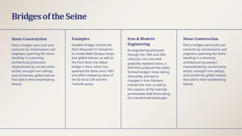 4text-box-v1-paris Informative slide titled "Bridges of the Seine" with four text columns on bridge construction and history.