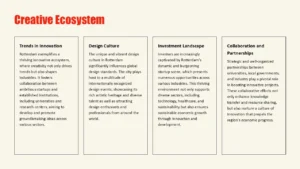 Informative infographic titled "Creative Ecosystem" with four text blocks on innovation, design culture, investment, and collaboration.