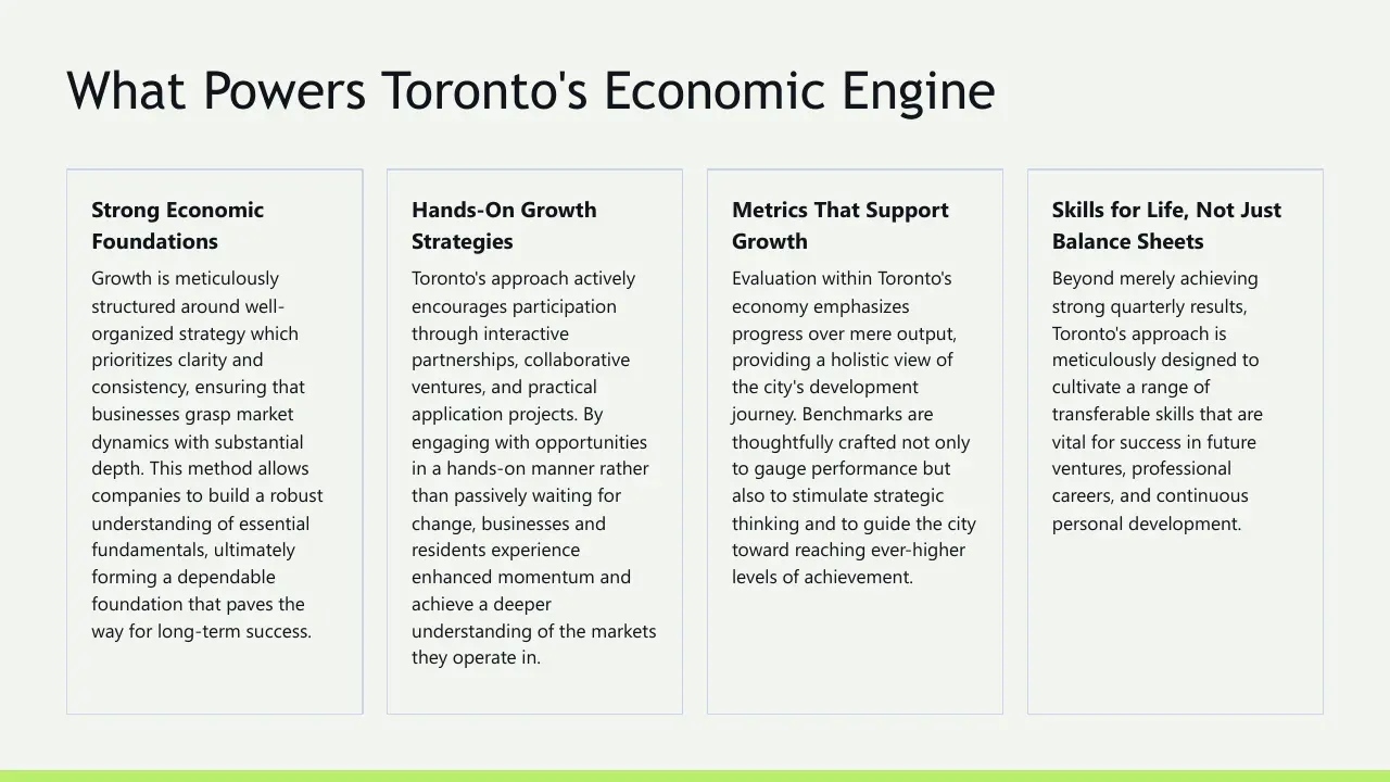 Text slide titled "What Powers Toronto's Economic Engine" with four columns detailing economic strategies and growth principles.