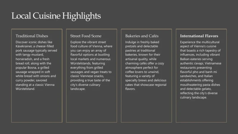 Text-based slide titled "Local Cuisine Highlights" with four sections describing traditional dishes, street food, bakeries and cafés, and international flavors of Vienna.