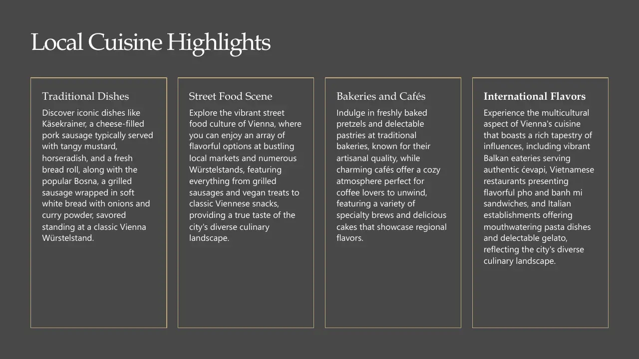 Text-based slide titled "Local Cuisine Highlights" with four sections describing traditional dishes, street food, bakeries and cafés, and international flavors of Vienna.