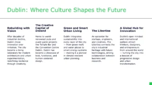 Text slide titled "Dublin: Where Culture Shapes the Future" with five columns describing Dublin's innovation, creativity, sustainability, industrial heritage, and global impact.