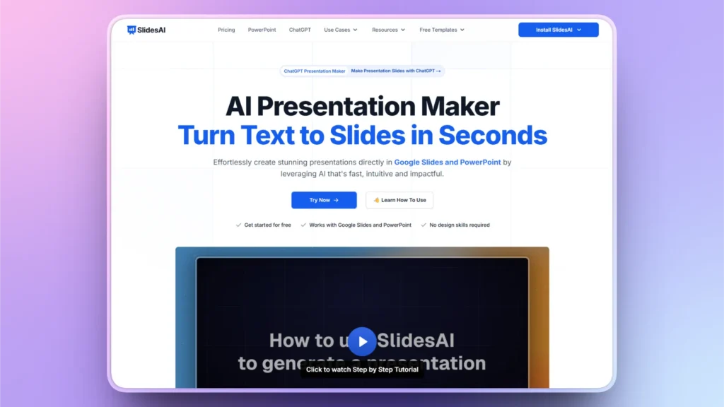 Website homepage of SlidesAI featuring AI Presentation Maker with blue and black text on white background.