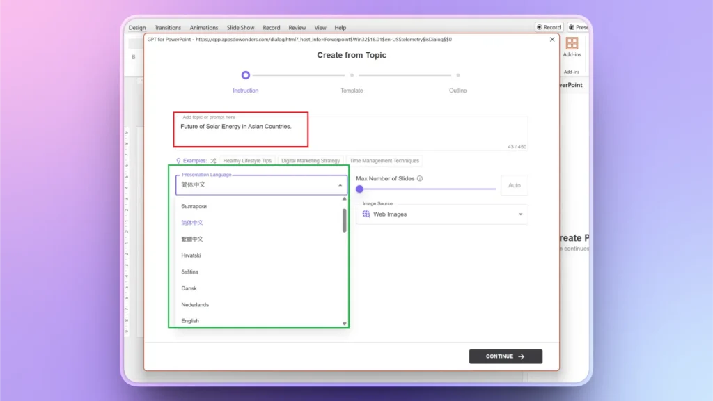 Screenshot of GPT for PowerPoint interface with topic input "Future of Solar Energy in Asian Countries" and language selection dropdown open.