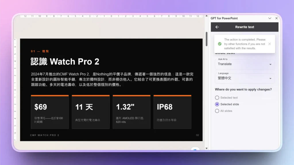 Screenshot of a PowerPoint slide in Chinese describing the Watch Pro 2 features and pricing.