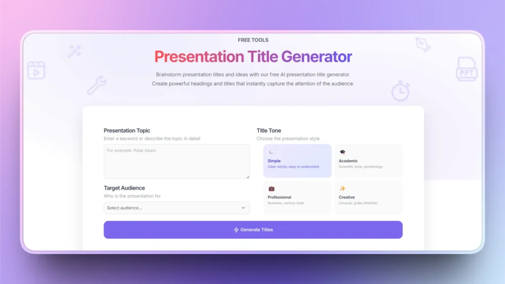 Screenshot of a presentation title generator tool interface with input fields and tone options on a gradient purple background.