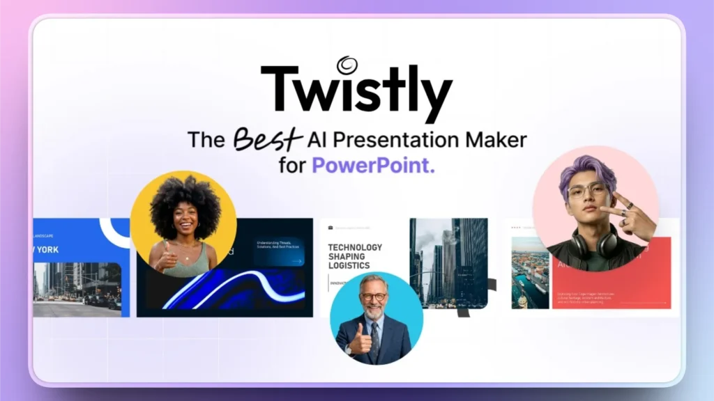 Promotional banner for Twistly AI presentation maker with diverse people and presentation slides.