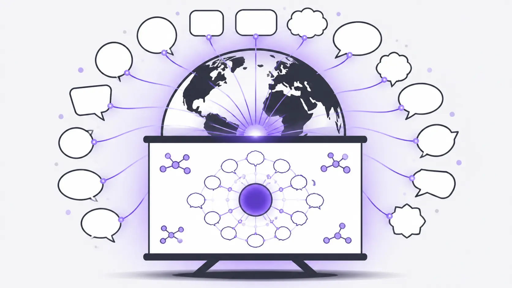 Illustration of a globe above a computer screen with connected speech bubbles representing global communication.