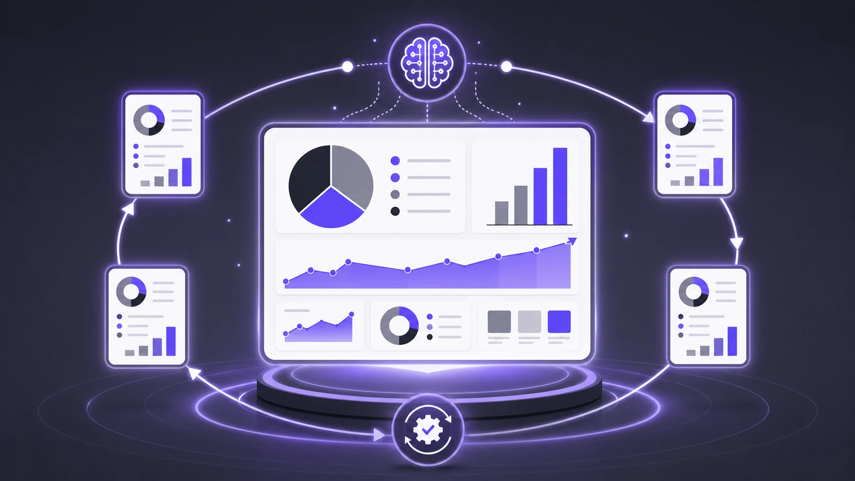 Digital data visualization with charts, graphs, and AI brain icon connected in a circular flow.