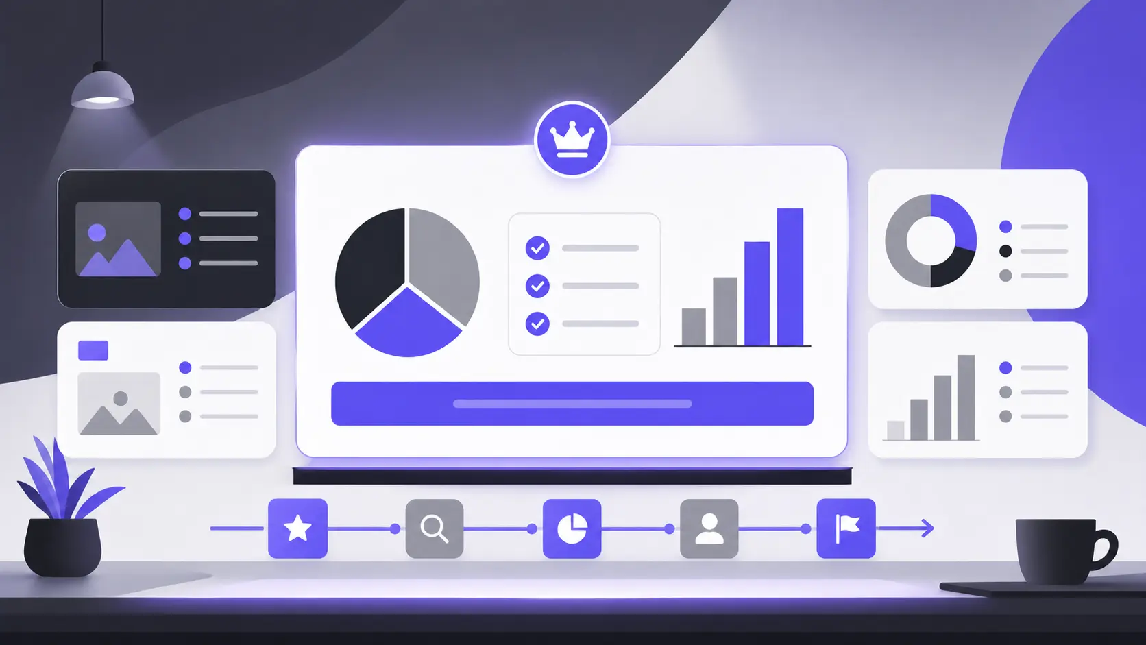 Digital workspace with charts, graphs, icons, and task lists in purple and gray tones.