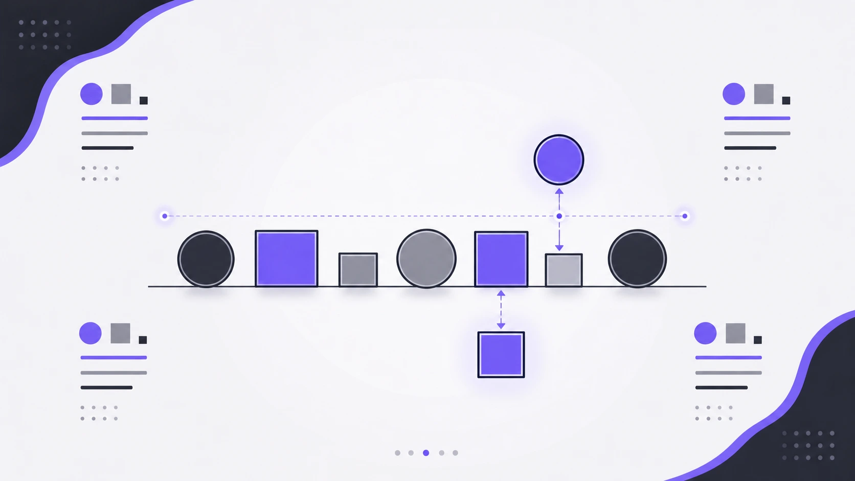 Abstract infographic with black, purple, and gray geometric shapes connected by dotted lines on a white background.