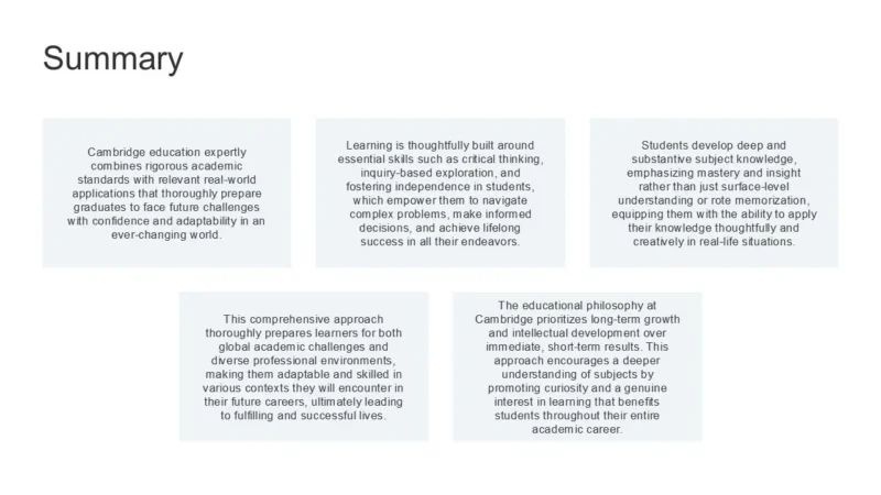 MultiCanvas11-cambridge-blue Text slide titled "Summary" with five paragraphs describing Cambridge education's focus on rigorous academic standards, real-world applications, critical thinking, deep subject knowledge, adaptability, lifelong success, and long-term intellectual growth.